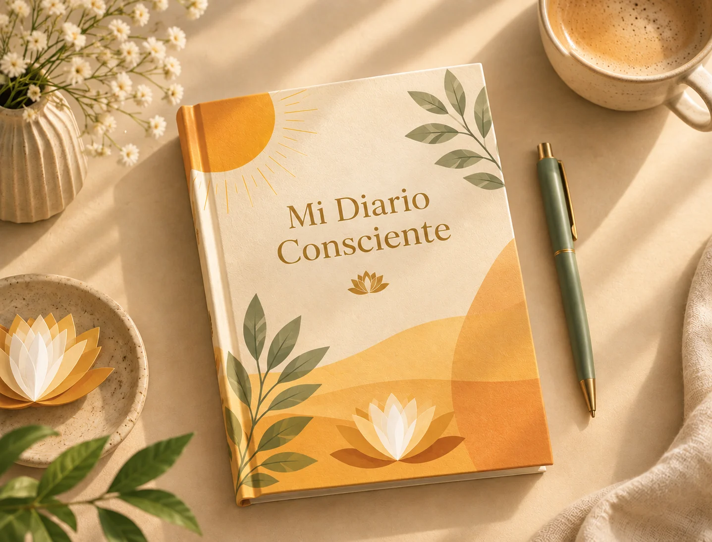 Plantilla de journaling Mi Diario Consciente sobre un escritorio cálido