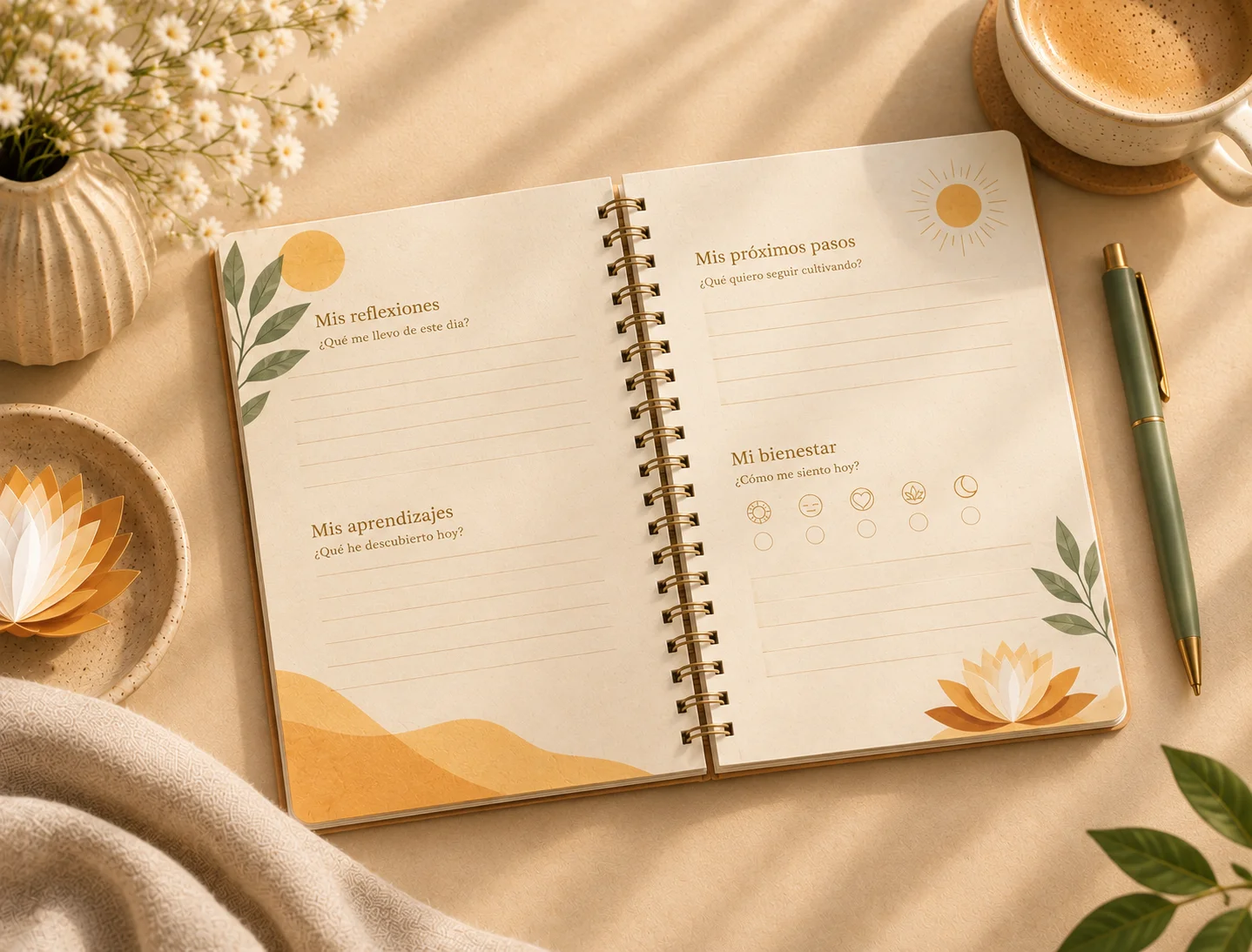 Workbook imprimible de Guía Consciente sobre una mesa cálida