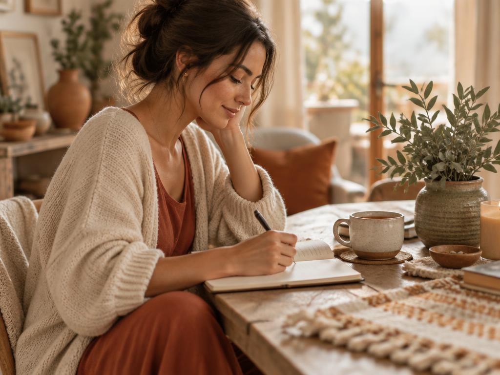 Mujer usando un diario consciente durante una mañana tranquila